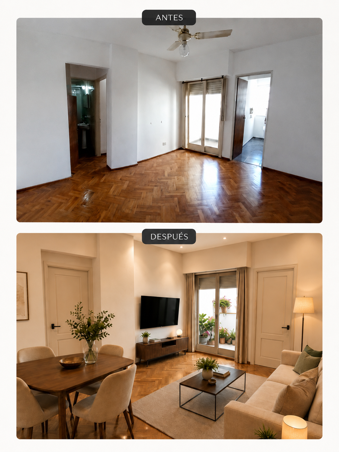 Antes y después de ambientación digital inmobiliaria y puesta en valor de ambiente